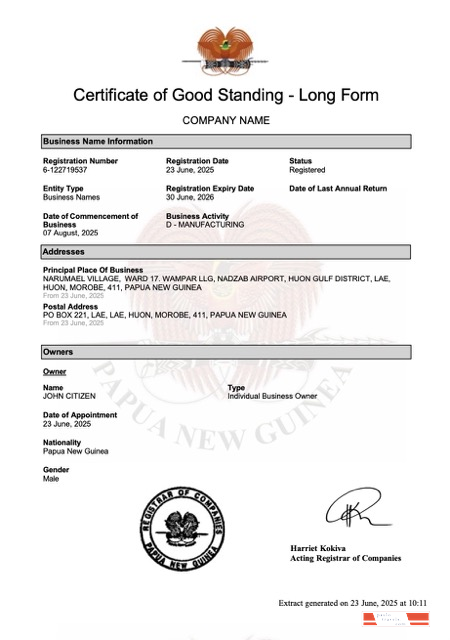 New Guinea certificate of good standing  Word and PDF template, version 2